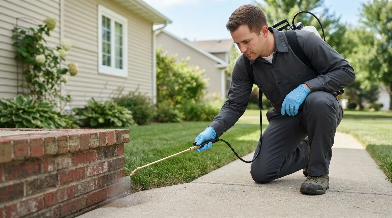 Pest control technician treating a home near Wellesley Hills, MA
